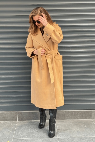 Camel Kruvaze Model Oversize Kuşaklı Kaşe Palto