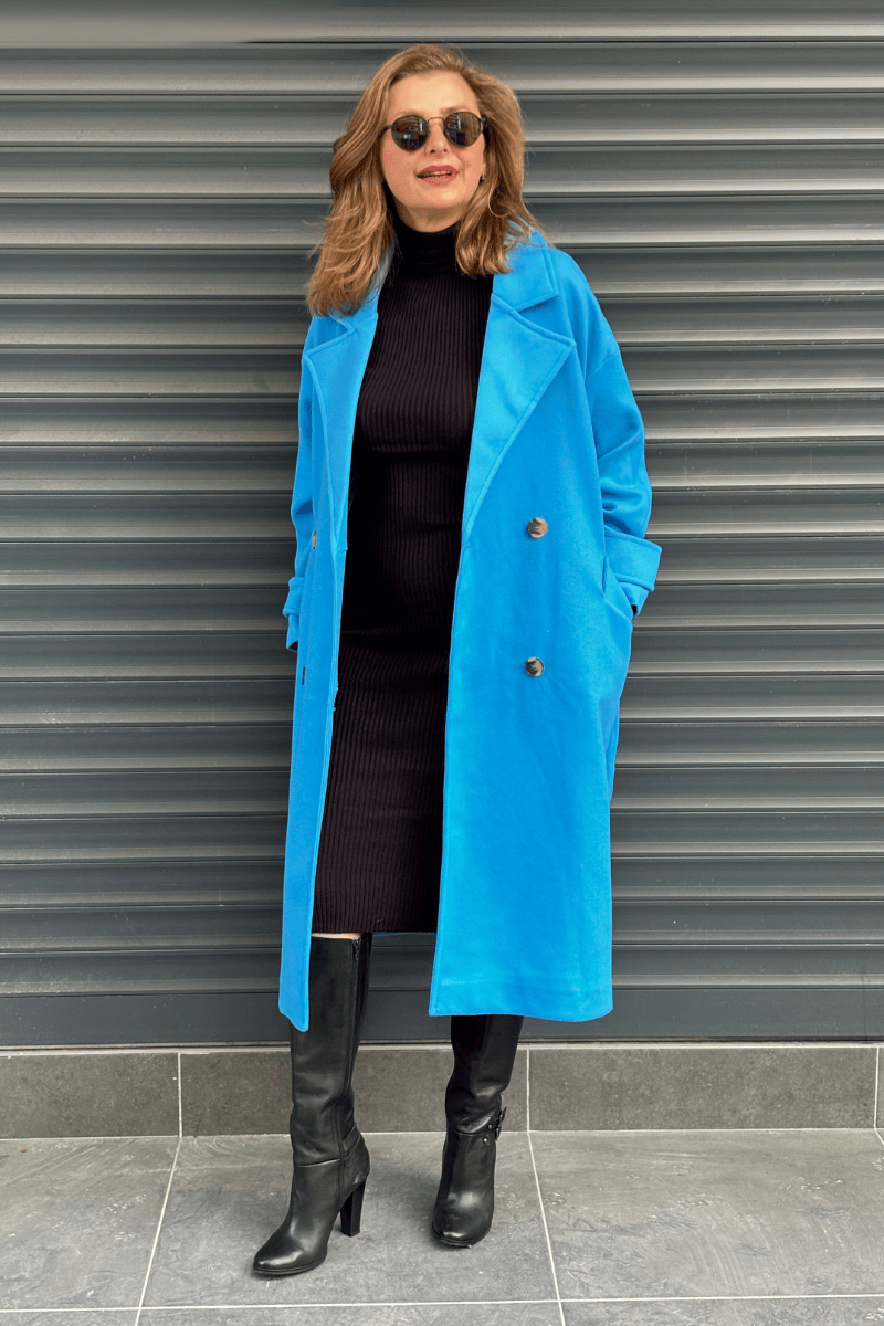 Mavi Kruvaze Model Oversize Kuşaklı Kaşe Palto