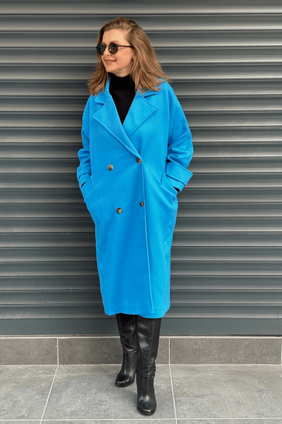 Mavi Kruvaze Model Oversize Kuşaklı Kaşe Palto