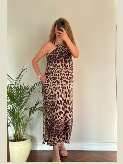 Boyun Detaylı Leopar Elbise