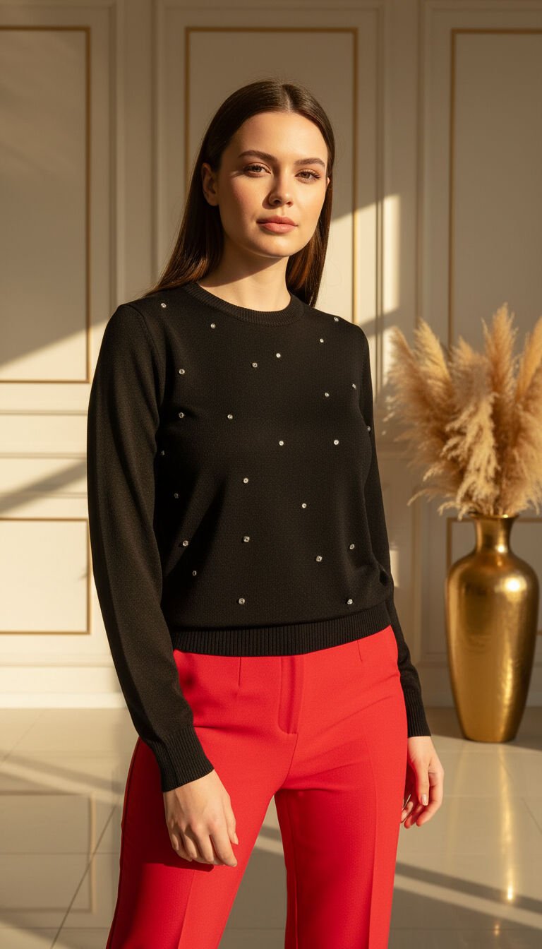 Siyah Taşlı Uzun Kol Merserize Kadın Kazak