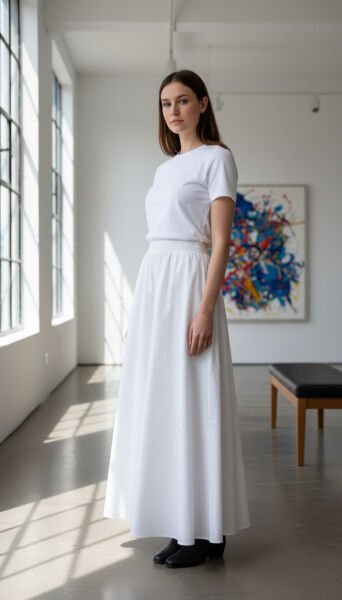 Beyaz Renk Lastikli Bel Cepli Kloş Uzun Etek