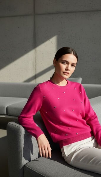 Fuşya Taş Çakımlı Merserize Triko Uzun Kol Kazak